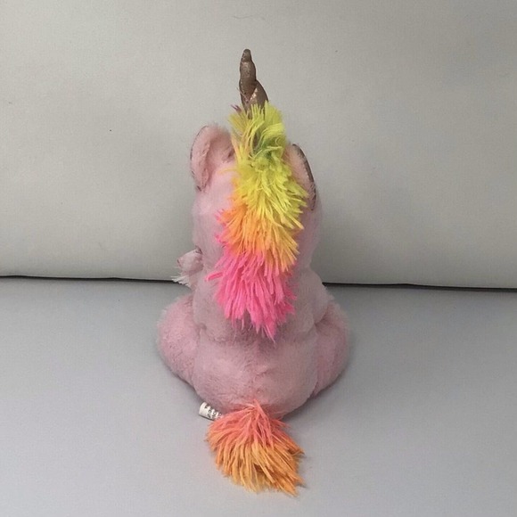 Pink Rose Gold Metallic Unicorn with Bow 10" Plush Yellow Pink Mane Stuffed Toy - Picture 5 of 9